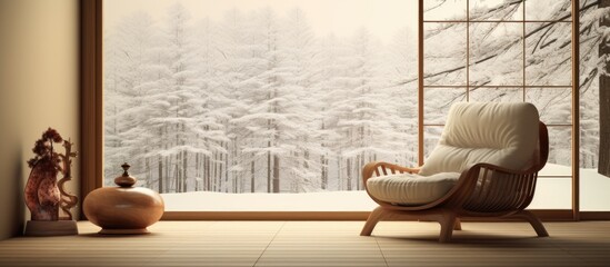 An armchair sits in front of a window, next to a vase. The room appears to be minimally designed, with a touch of Japanese influence.