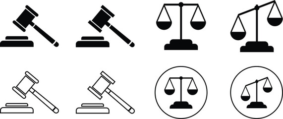 law icon set . auction hammer. Law scale. Justice sign and symbol vector illustration.