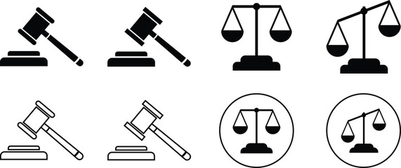 Obraz premium law icon set . auction hammer. Law scale. Justice sign and symbol vector illustration.