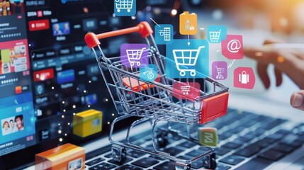 A small shopping cart on computer keyboard with social network symbols on it.