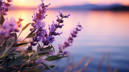 Branch of lavender against the backdrop of a soft purple sunset sunlight