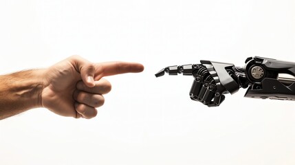 Na obrazie widzimy, jak ręka wskazuje na robota, który również wskazuje z powrotem. Ukazuje to interakcję między człowiekiem a maszyną. - obrazy, fototapety, plakaty
