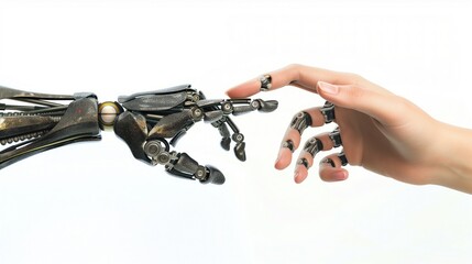 Ręka w pełni mechaniczna dotyka rękę bioniczną z wyglądem człowieka, wyrażając łączność i współpracę. - obrazy, fototapety, plakaty