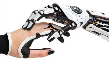 Ludzka ulepszona dłoń w wszczepy trzymana przez robotyczną dłoń, do której przymocowany jest obiektyw