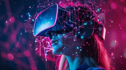 A woman wearing a virtual reality goggles.
