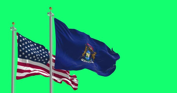Michigan state flag and national US flag waving isolated on green background