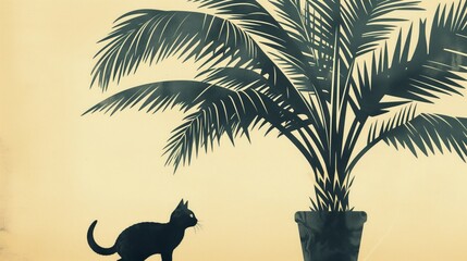 Czarny kot domowy stoi obok wysokiej palmy w donicy. - obrazy, fototapety, plakaty