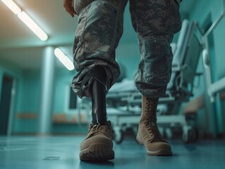 prosthetic leg for military and soldiers in the army. Recovery in a military hospital ward. Close-up.