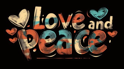 Słowa miłość i pokój namalowane na czarnym tle. Kubek, szklanka - projekt graficzny.