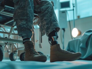 prosthetic leg for military and soldiers in the army. Recovery in a military hospital ward. Close-up.