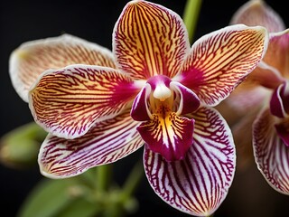 A macro photo of an orchid's labellum, showcasing its vivid colors and intricate patterns
