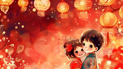 Para słodkich dzieci stoi na kartce z życzeniami w stylu chińskim z lampionami z pustą przestrzenią na środku na tekst.