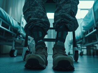 prosthetic leg for military and soldiers in the army. Recovery in a military hospital ward. Close-up.