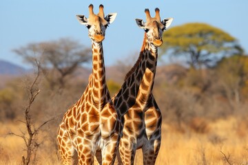Pair of giraffes in african savannah wilderness, wild animals standing tall in natural habitat