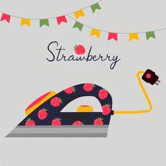 Flat Design Illustration with Iron at Strawberry Pattern 