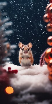 Microscopic image of kute mini mouse super red happiness of Christmas with icicles snowballs and ribbons and pine cones and pine needles and gift christmas, blurred background super red, falling snow