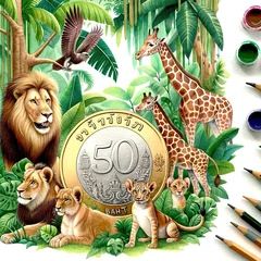 Foto op Aluminium A lush jungle scene with a diversity of wildlife, centralized around a large 50 baht coin. The artwork celebrates the richness of natural habitats. © Graphisiam