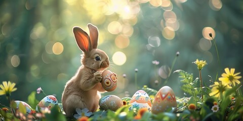 The Easter bunny holds an Easter egg in the middle of a magical forest with flowers.