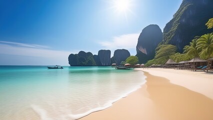 Sandy ocean shore at sunset , tropical island