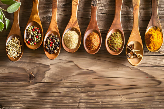 Wooden spoons adorned with a variety of herbs and spices, set against a wooden background with copy space.