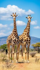 Pair of graceful giraffes standing proudly in the serene wilderness of the savannah