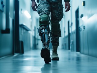 prosthetic leg for military and soldiers in the army. Recovery in a military hospital ward. Close-up.