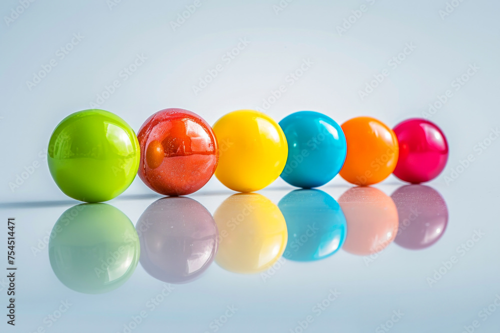 Poster A row of colorful balls, each one a different color, are lined up on a table. The balls are all different sizes and are arranged in a row, with the smallest one on the left