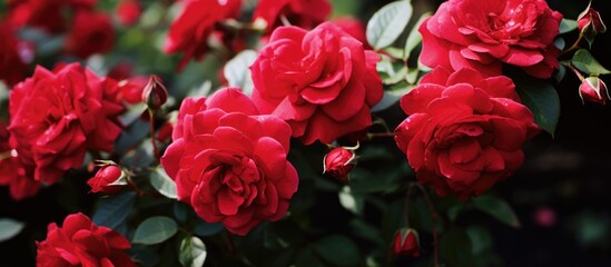 A cluster of vibrant red roses are in full bloom, showcasing their velvety petals and delicate green leaves. These Rosa Flower Carpet Red Velvet Noare roses bloom abundantly, creating a beautiful