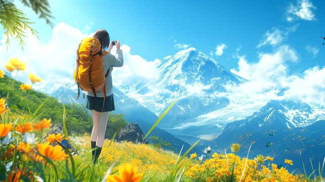 girl with backpack and camera in the field taking picture mountains view. Seamless looping time-lapse 4k video animation background