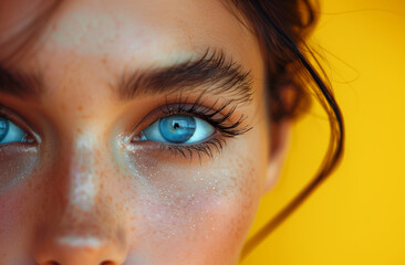Close-up of a beautiful woman with blue eyes and freckles on a yellow background. Generative AI