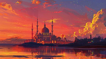 Gordijnen Embrace the enchanting beauty of Ramadan's twilight hours, where the sky is ablaze with hues of pink and gold, casting a magical glow over the landscape as the faithful gather for evening prayers. © rao zabi