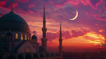 Embrace the enchanting beauty of Ramadan's twilight hours, where the sky is ablaze with hues of pink and gold, casting a magical glow over the landscape as the faithful gather for evening prayers.