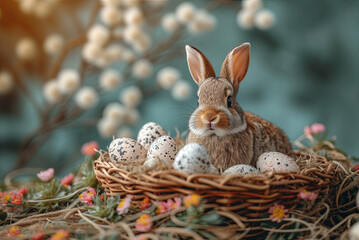 Fototapeta na wymiar Rabbit is sitting in a basket full of easter eggs