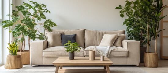 A simple and modern living room featuring a comfortable couch, a sleek coffee table, and various potted plants adding a touch of greenery to the space.