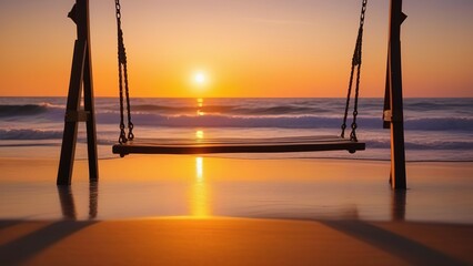 wooden swing on the white sand beach in the Indian Ocean at sunset