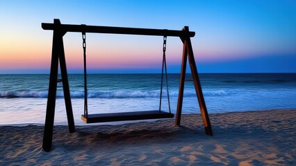 wooden swing on the white sand beach in the Indian Ocean at sunset