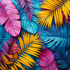 Tropical Bright Colorful Background with Exotic Painted Elements, Generative AI