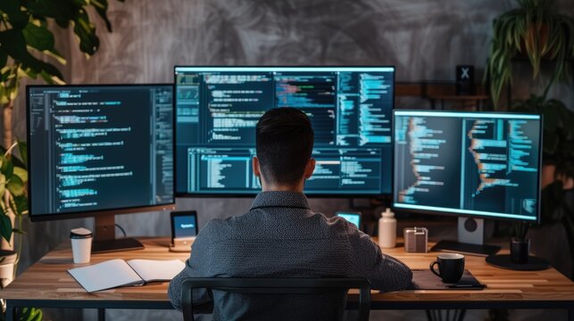 A focused software developer codes on a dual monitor setup in a modern office environment with a minimalist aesthetic. AIG41