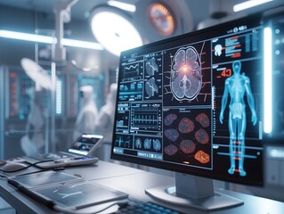doctor looks at the monitor of medical diagnostic equipment. Medical office. reception. Hospital. Researcher in the laboratory.