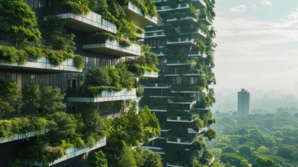 The picture about the apartment and building that has been covered with green plant or tree that covered almost every part of the buildings under the bright light from the sun in the daytime. AIGX03.