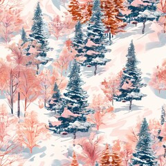 Illustration of snowy evergreen trees, seamless pattern - obrazy, fototapety, plakaty