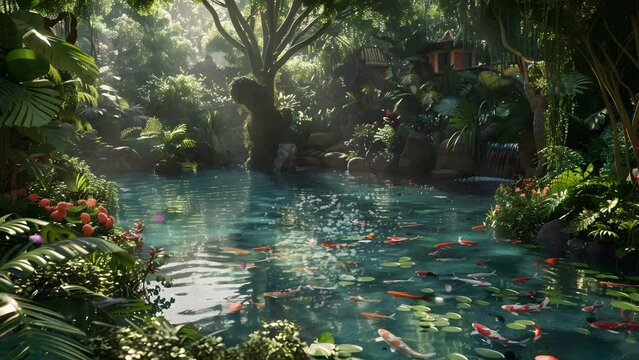 Lush Pond Abounding with Water Plants and a Playful Goldfish. Seamless Looping 4k Video Animation
