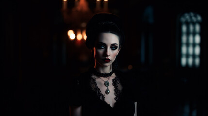 A woman in formal wear and choker stands in a dark room at midnight