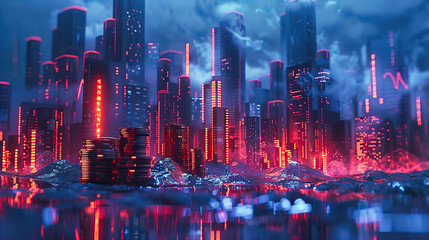 Futuristic Cityscape at Night, Skyscrapers Illuminated with Neon Lights, Urban Architecture and Design