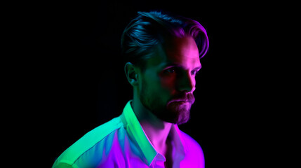 A musician with a beard stands in a purple neonlit room