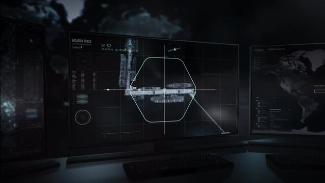 Three modern computer monitors. The hackers have gained access to the satellite live footage. Tracking the location. Identifying the United States aircraft carrier. Computer User Interface.