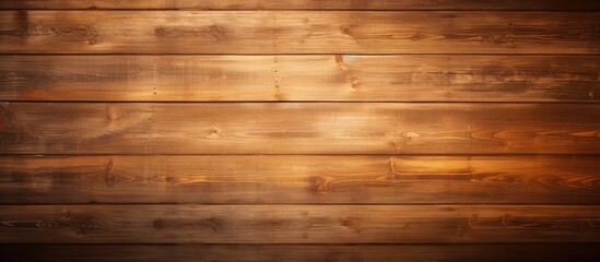 Obraz premium A dark, aged wooden wall is illuminated by a warm light, creating shadows and highlighting the texture of the wood. The light adds a golden glow to the retro pine logs,