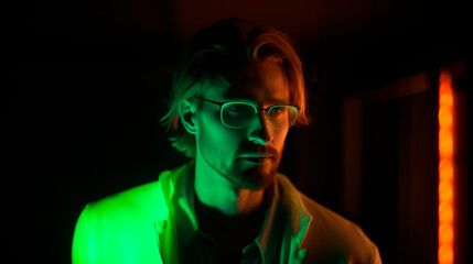 A musician with glasses performs in a dimly lit room with colored lights