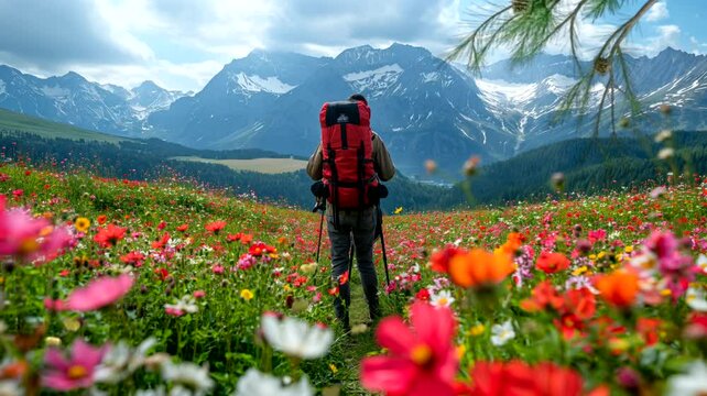 Man with backpack hiking in the mountains with colorful wild flowers. Seamless looping time lapse 4k video animation background