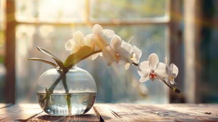White orchid flower decoration in a glass vase with sunlight shining through. Generate AI image